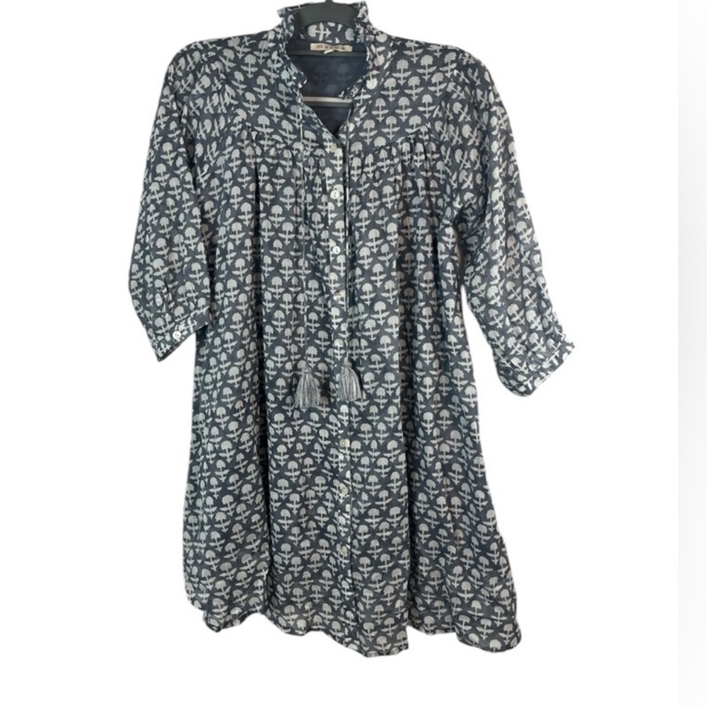 Printed Mini Dress with Tassel Tie - Navy